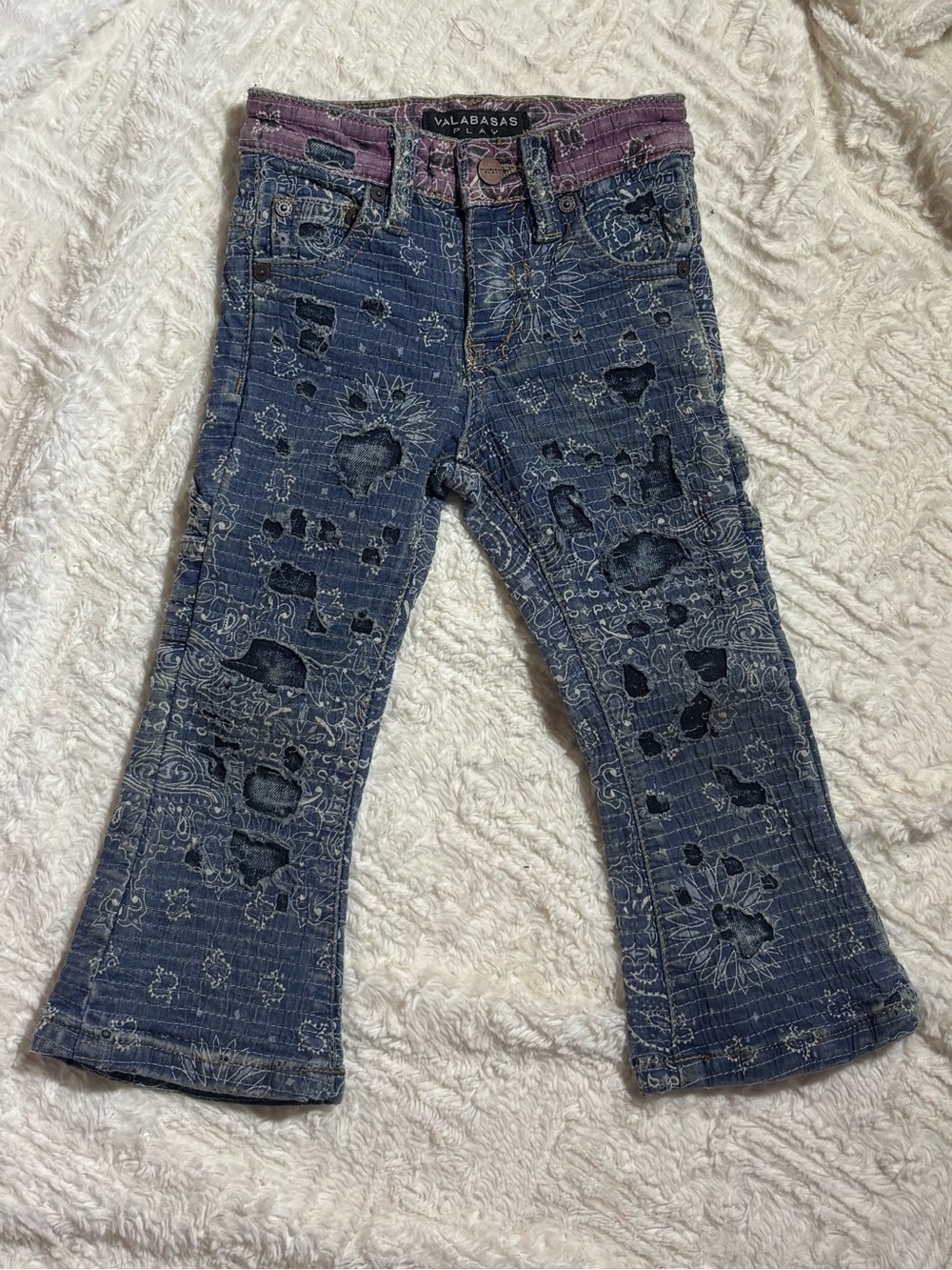 Valabasas Play Girl’s Distressed  Flare Jeans -Blue with Purple Waistband